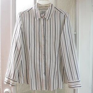 Chico's Striped on White Mother of Pearl Button Up Long Sleeve Collared Blouse